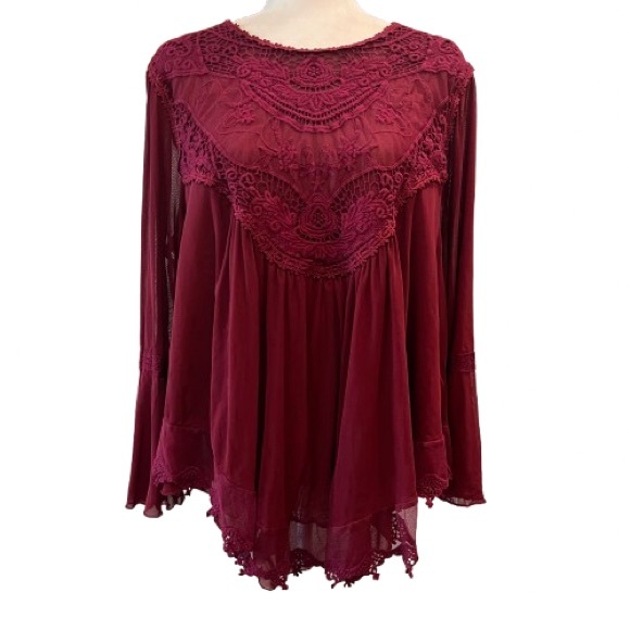 Indigo Thread Co Tops - Indigo Thread Co Burgundy Lace Boho Tunic Top 1X